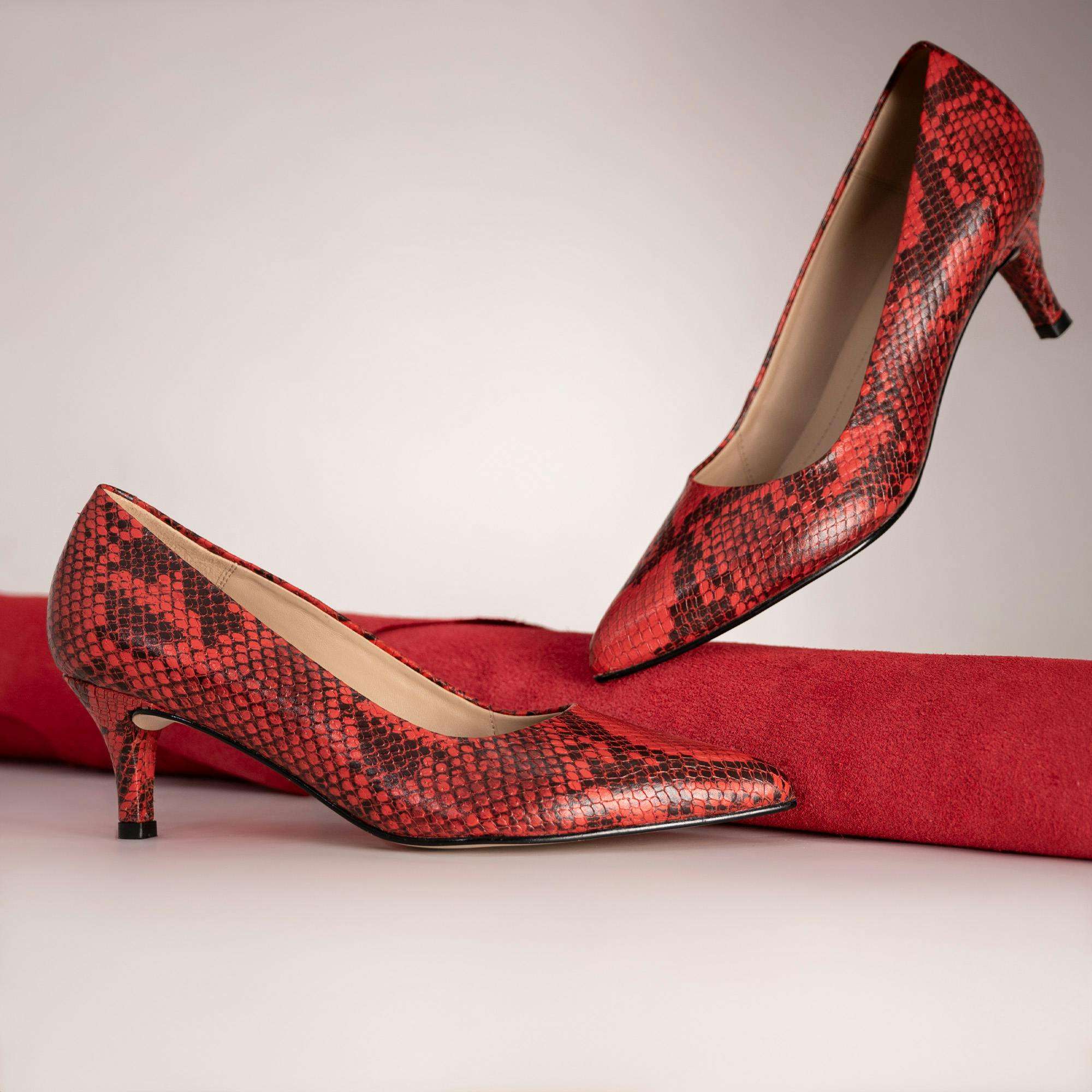 Red snakeskin kitten heels
