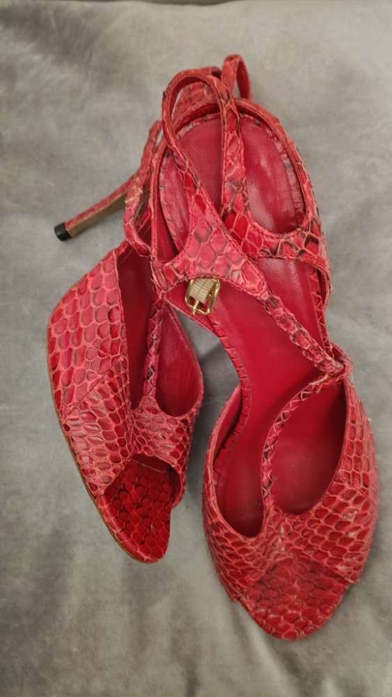 Red heels with T-bar strap by Donna Karan