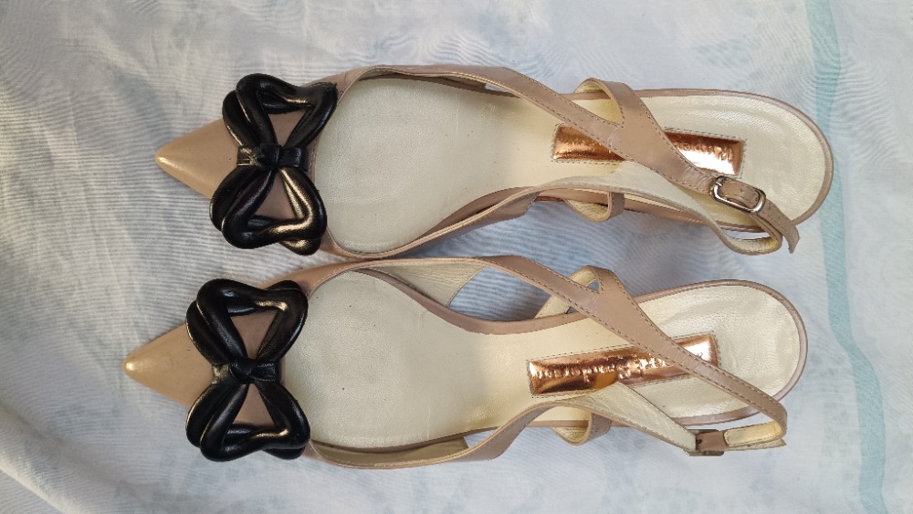 Blush pink sling back pumps with kitten heels by Rupert Sanderson
