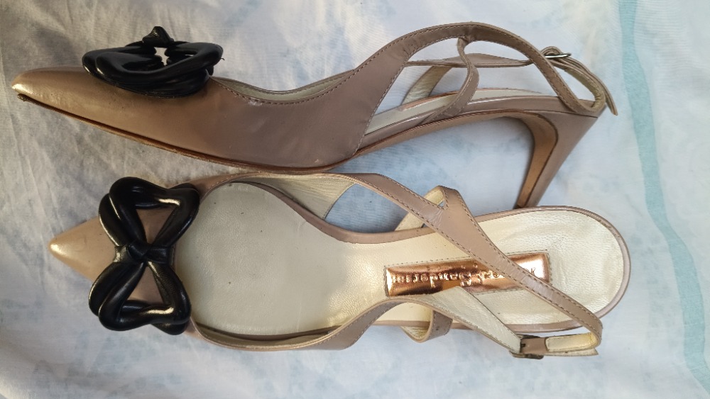 Blush pink sling back pumps with kitten heels by Rupert Sanderson