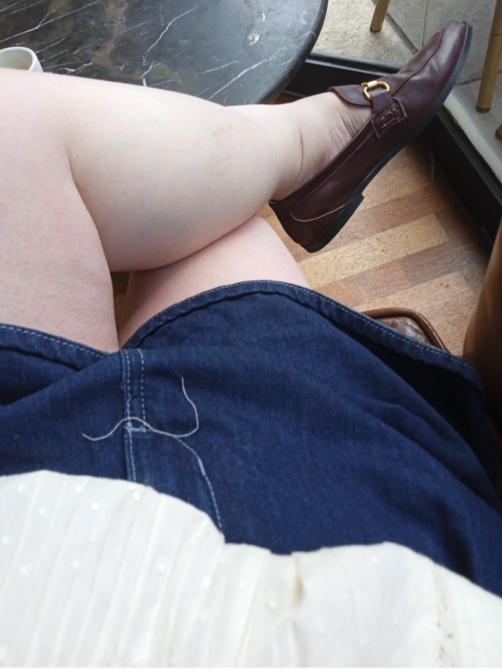 Denim urban Bermuda shorts Marketa B L Windsor , April 2025, Hammersmith, London, UK